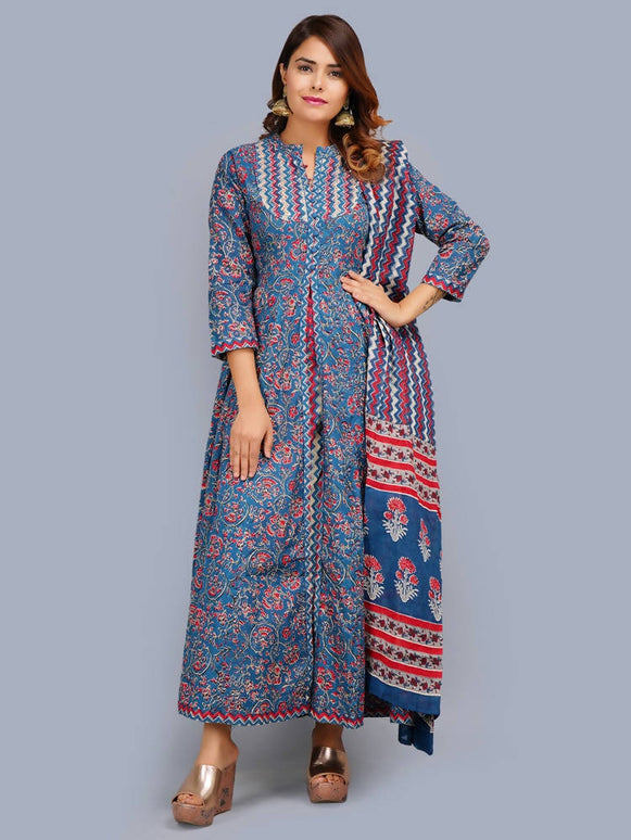 Shehnai Blue Anarkali Double Dress With Matching Printed Dupatta