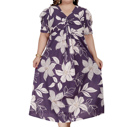 Miravan Womens Plus Size Purple Pleated Puff Sleeve Floral Pure Cotton Butterfly Middi Dress