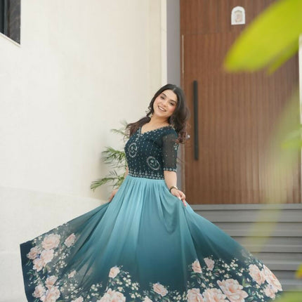 Aastha Fashion Rama Faux Blooming Embroidered work and Rich Floral Pedding Digital Print Party Wear Designer Gown