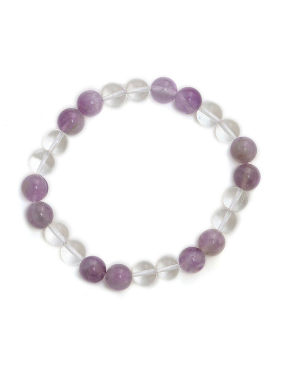 Clear Quartz and Amethyst White and Grey Beads Elastic Bracelet - Ruby Raang