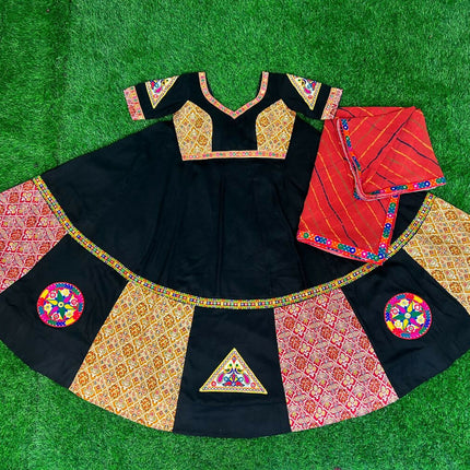 Aastha Fashion Black Rayon Gamthi Work Real Mirror Patch + Embroidery Thread Work Lace + Digital Print Semi Stitched Wedding Wear Lehenga Choli