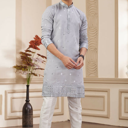 Raivat Ethnic Men's Art Silk Thread Work Kurta Pyjama In Light Grey Colour