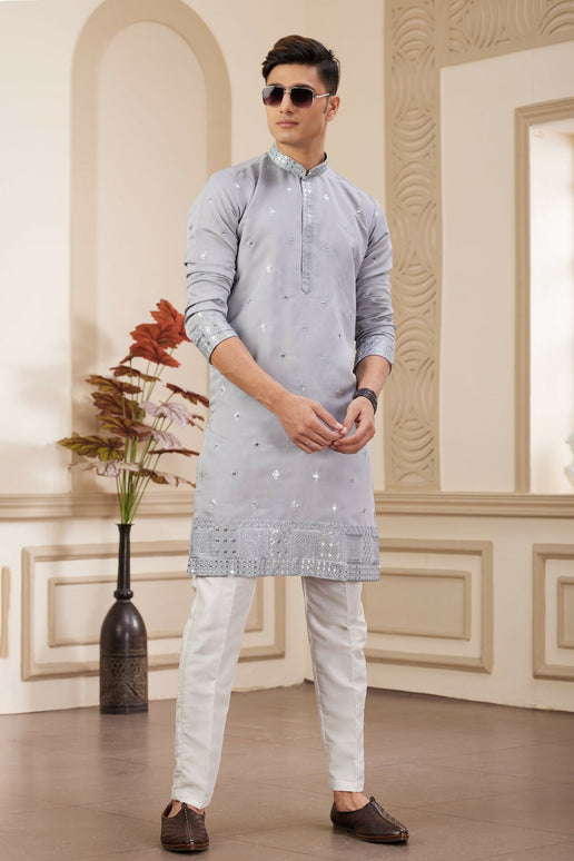Raivat Ethnic Men's Art Silk Thread Work Kurta Pyjama In Light Grey Colour