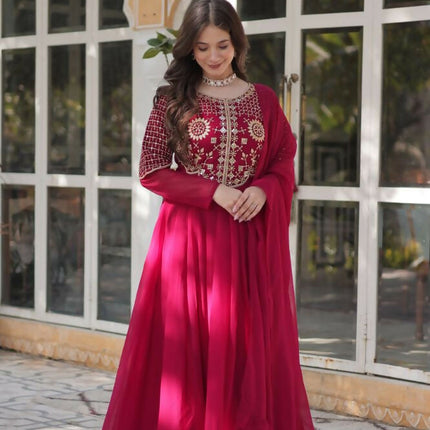 Aastha Fashion Pink Faux Blooming Embroidery Work Party Wear Designer Gown