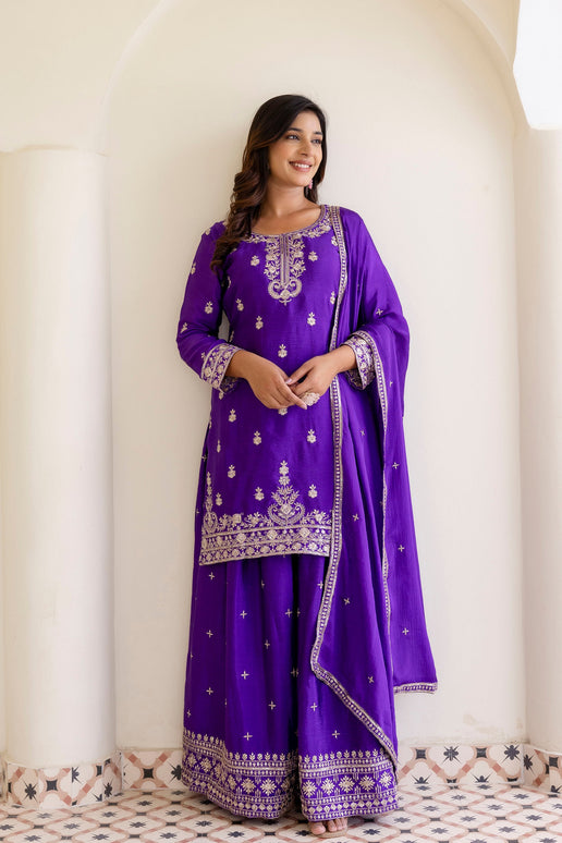 Lehenga Mart Designer Chinon Ready to wear Kurta Palazzo Dupatta for Women - Purple
