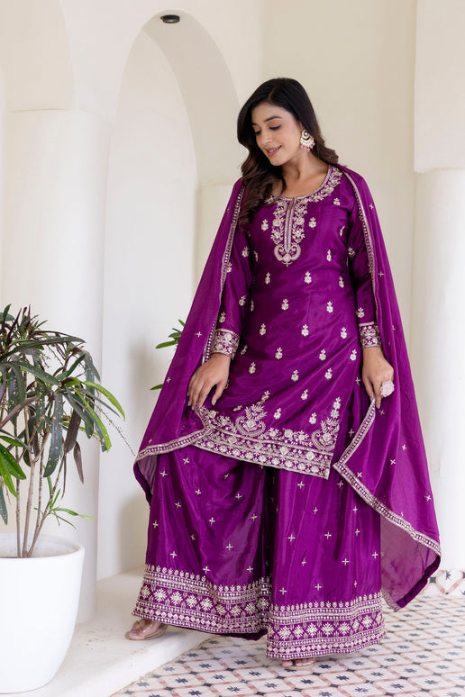 Lehenga Mart Designer Chinon Ready to wear Kurta Palazzo Dupatta for Women - Wine