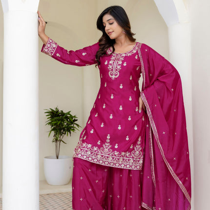 Lehenga Mart Designer Chinon Ready to wear Kurta Palazzo Dupatta for Women - Pink
