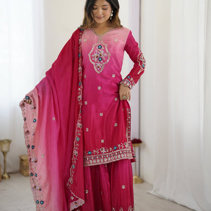 Lehenga Mart Designer Chinon Sharara Suit Dupatta for Women - pink