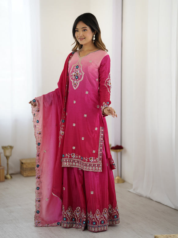 Lehenga Mart Designer Chinon Sharara Suit Dupatta for Women - pink