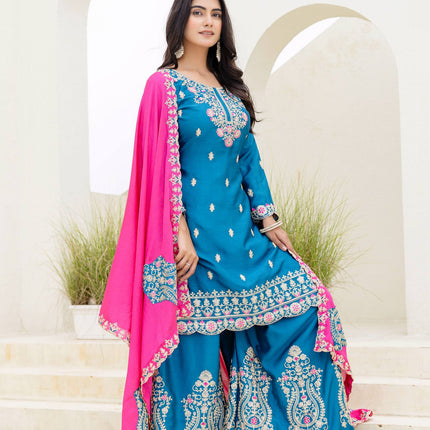 Lehenga Mart Designer Chinon Ready to wear Kurta Palazzo Dupatta for Women - Sky blue