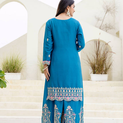 Lehenga Mart Designer Chinon Ready to wear Kurta Palazzo Dupatta for Women - Sky blue