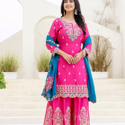 Lehenga Mart Designer Chinon Ready to wear Kurta Palazzo Dupatta for Women - Pink