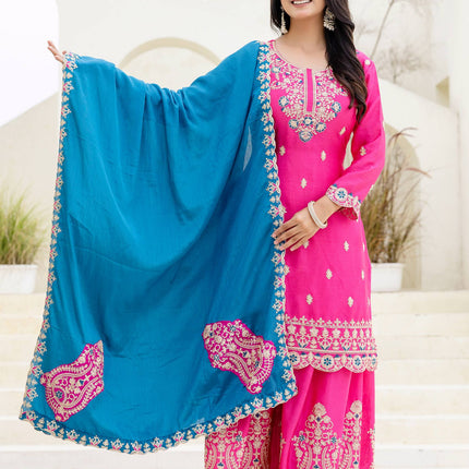 Lehenga Mart Designer Chinon Ready to wear Kurta Palazzo Dupatta for Women - Pink