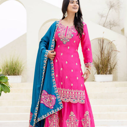 Lehenga Mart Designer Chinon Ready to wear Kurta Palazzo Dupatta for Women - Pink