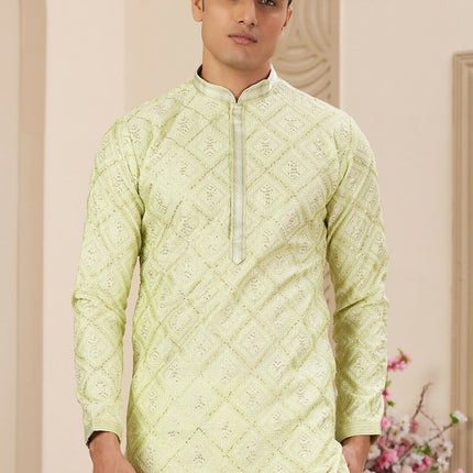 Raivat Ethnic Men's Art Silk Thread Work Kurta Pyjama In Green Colour