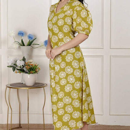 Miravan Women'S Yellow Printed Puff Sleeve Floral Maxi Party Dress