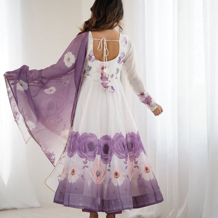 Lorenvalley Fashion Soft Organza Silk Front On Fancy Badla Jari Work Flower Position Print Outing Work Anarkali Kurta Pant With Dupatta Set