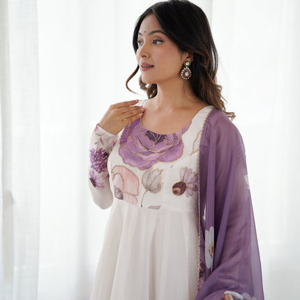 Lorenvalley Fashion Soft Organza Silk Front On Fancy Badla Jari Work Flower Position Print Outing Work Anarkali Kurta Pant With Dupatta Set