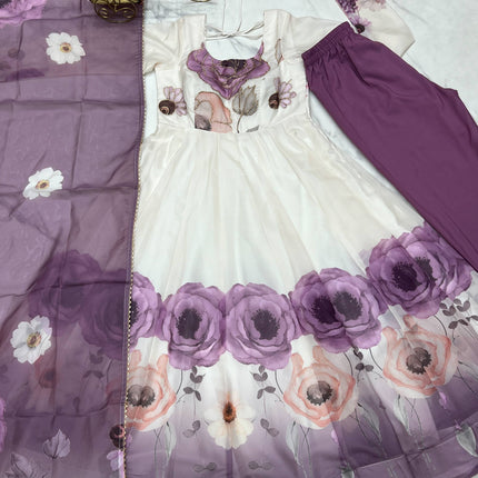 Lorenvalley Fashion Soft Organza Silk Front On Fancy Badla Jari Work Flower Position Print Outing Work Anarkali Kurta Pant With Dupatta Set