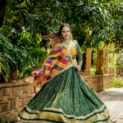Aastha Fashion Green Gaji Soft Silk Discharge Print + Embroidery Zari / Thread / Sequence Work Lace Semi Stitched Wedding Wear Lehenga Choli