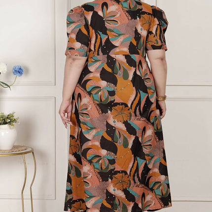 Miravan Womens Plus Size Pure Cotton Black Puff Sleeve Floral Printed Butterfly Maxi Dress