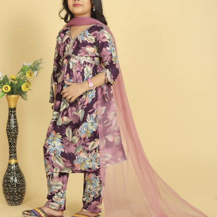 Divine Drape Girls Roman Slub Purple Printed Straight Kids Kurta Pant With Dupatta