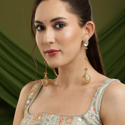 Glass Kundan Antique finish Long Earrings - Ruby Raang