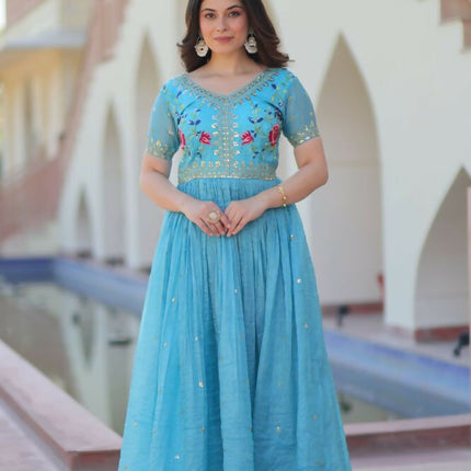 Aastha Fashion Sky Gold Crush Multi Thread Embroidery Zari Sequins-Work Party Wear Designer Gown