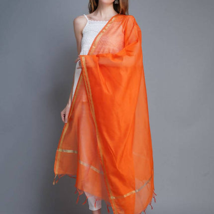 Shehnaai Chanderi Silk Dupatta In Orange Colour With Golden Woven Border