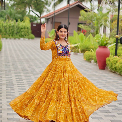Aastha Fashion Yellow Faux Georgette Navratri Designer Gown Collection