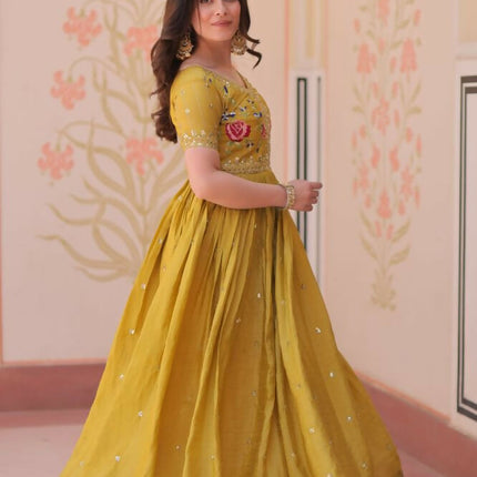 Aastha Fashion Yellow Gold Crush Multi Thread Embroidery Zari Sequins-Work Party Wear Designer Gown