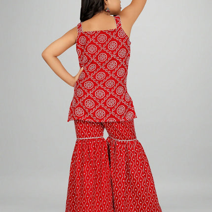 Divine Drape Girls Rayon Red Printed Straight Kids Kurta Sharara With Dupatta