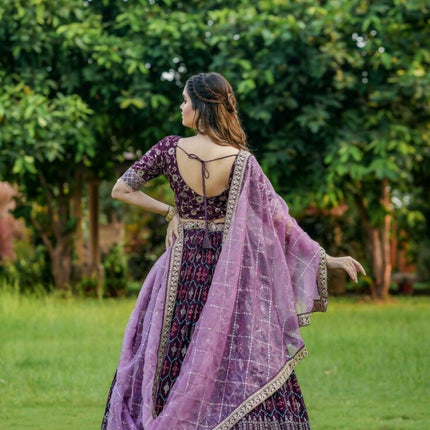 Aastha Fashion Wine Heavy Georgette Fabric Heavy Foil Print + Embroidery Work Belt Semi Stitched Wedding Wear Lehenga Choli