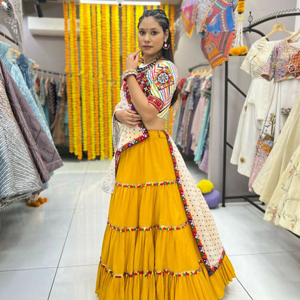 Aastha Fashion Yellow Rayon Readymade Lace Semi Stitched Wedding Wear Lehenga Choli