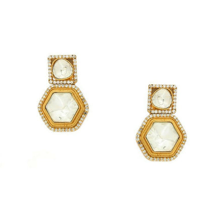 square kundan earrings with hexagon drop - Ruby Raang