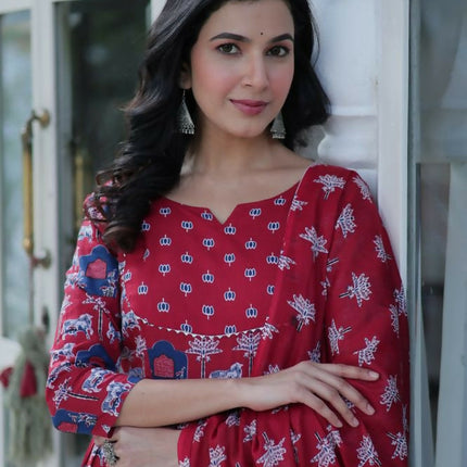 Aastha Fashion Maroon Pure Cotton Printed Party Wear Designer Gown