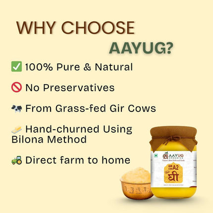 Aayug Organics A2 Gir Cow Ghee | Traditional Bilona Method A2 Cow Ghee | Grassfed, Pure and Healthy Gir Cow Ghee