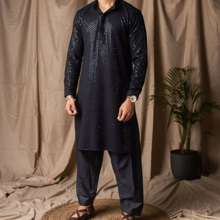Black Rayon Thread Embroidery Work Kurta Set - Mahotsav