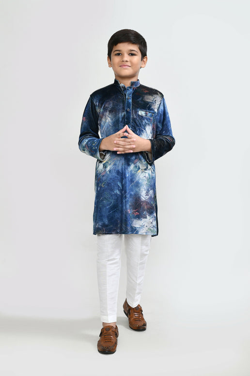 Joban Fashion Velvet Teal Blue Kurta With Straight Fit Pant