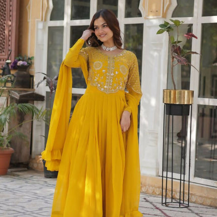Aastha Fashion Yellow Faux Blooming Embroidery Work Party Wear Designer Gown