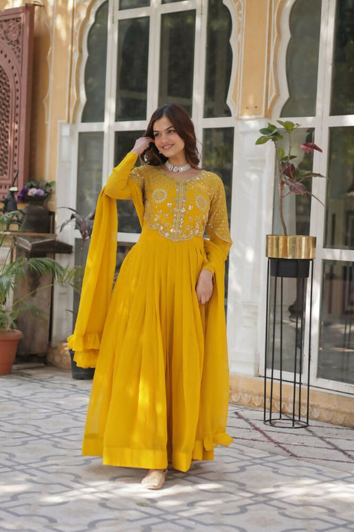 Aastha Fashion Yellow Faux Blooming Embroidery Work Party Wear Designer Gown