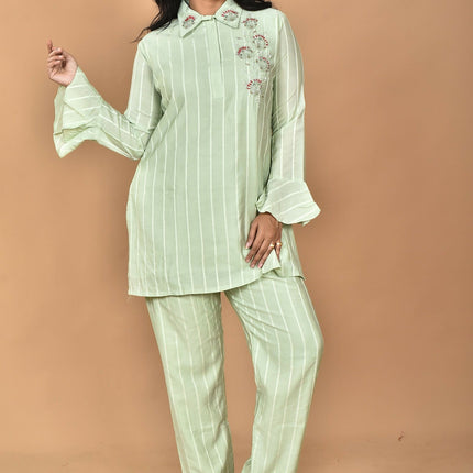 Morchari Women And Hand Embroidery Co-Ords-Green