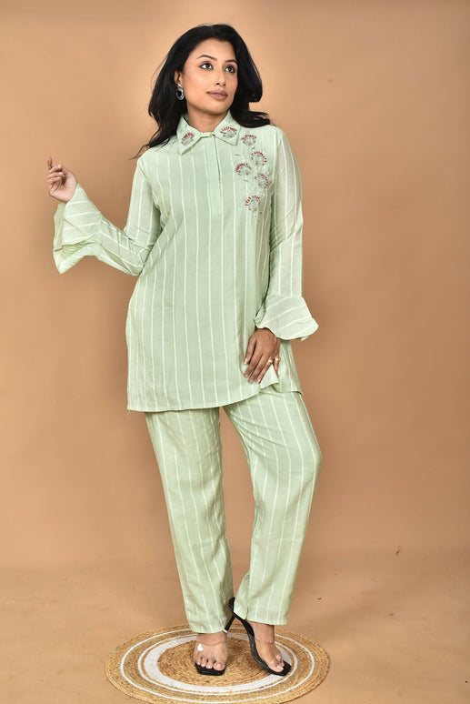 Morchari Women And Hand Embroidery Co-Ords-Green