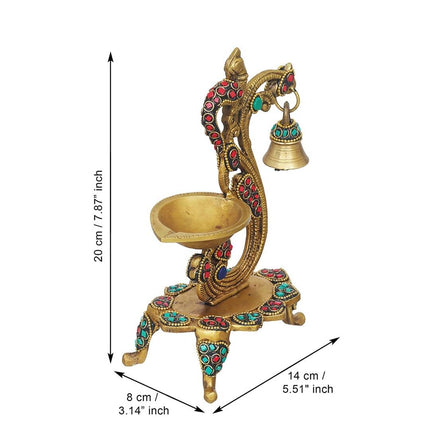 eCraftIndia Gold Toned Peacock Shaped Traditional Brass Diya With Bell & Stand