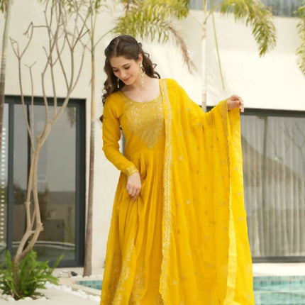 Aastha Fashion Yellow Faux Blooming Embroidery Zari Sequins-work Party Wear Designer Gown