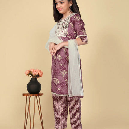 Divine Drape Girls Poly Cotton Purple Embroidered Straight Kids Kurta Pant With Dupatta