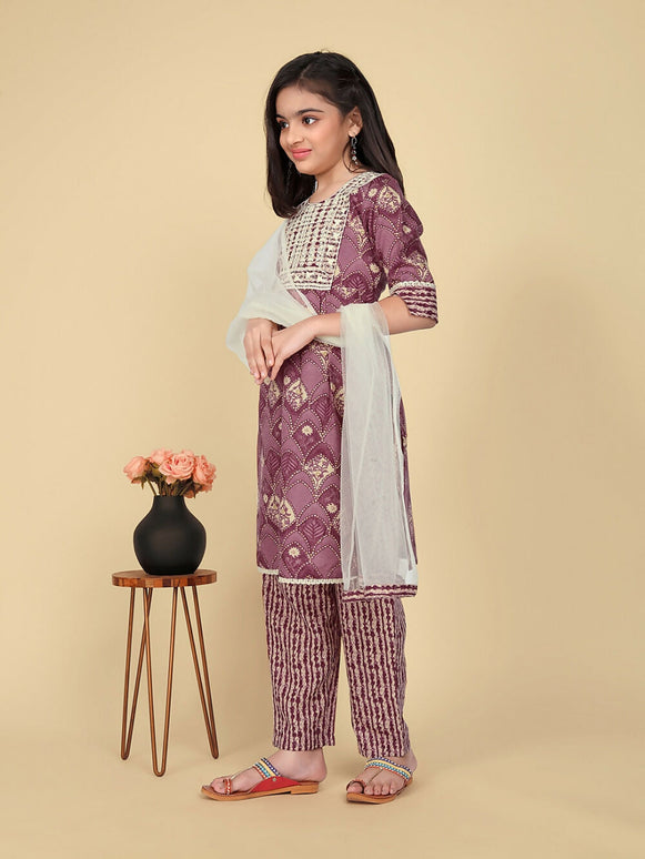 Divine Drape Girls Poly Cotton Purple Embroidered Straight Kids Kurta Pant With Dupatta