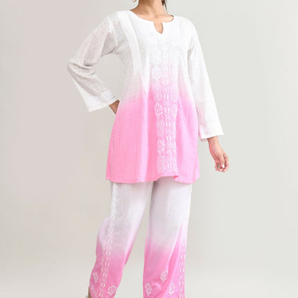 Joban Fashion Womens Cotton ChikanKari Pink & White Cord set