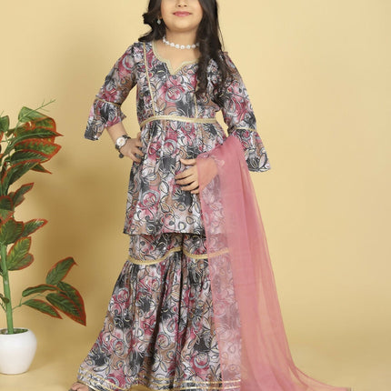 Divine Drape Girls Muslin Purple Printed Straight Kids Kurta Sharara With Dupatta