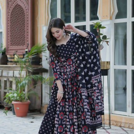 Aastha Fashion Black Pure Cotton Printed Party Wear Designer Gown